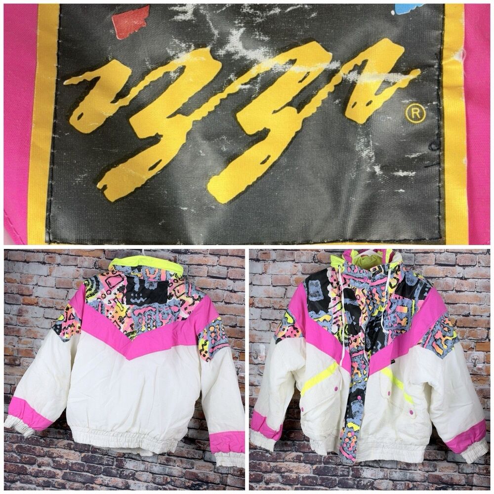 Vintage IZZI 80s Ski Jacket Multi Color Neon Hot Pink Color Block Medium